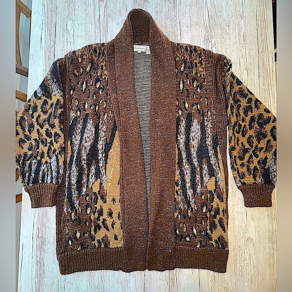 Vintage 80s Cardigan Sweater Multi Animal Print Metallic Leopard Pockets L - Picture 2 of 15